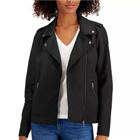 Style & Co. Jackets & Blazers - Style&Co Faux Leather Biker Moto Jacket Black Large Zip Front Pockets